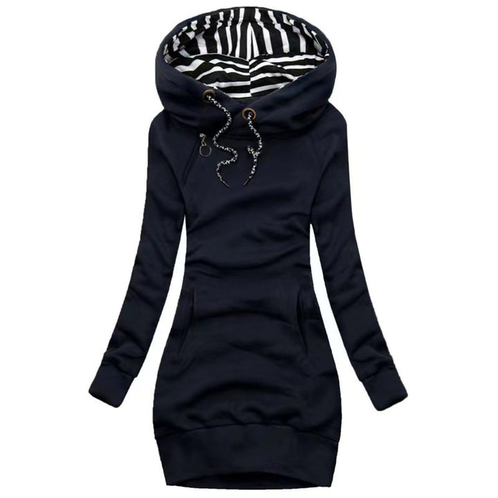Damen Hoodie-Midi-Kleid mit weitem Funnel-Neck, gestreifter Innenseite und Kängurutaschen Drune