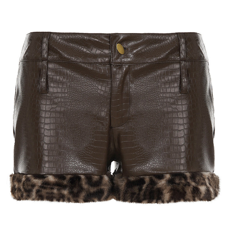 Damen Leder-Shorts mit Leopardenbesatz Drune