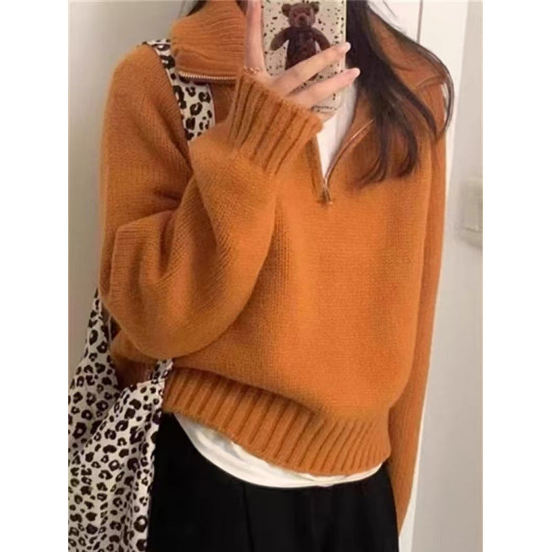 Damen Kuscheliger Gestrickter Pullover mit Stehkragen und Reißverschluss Drune