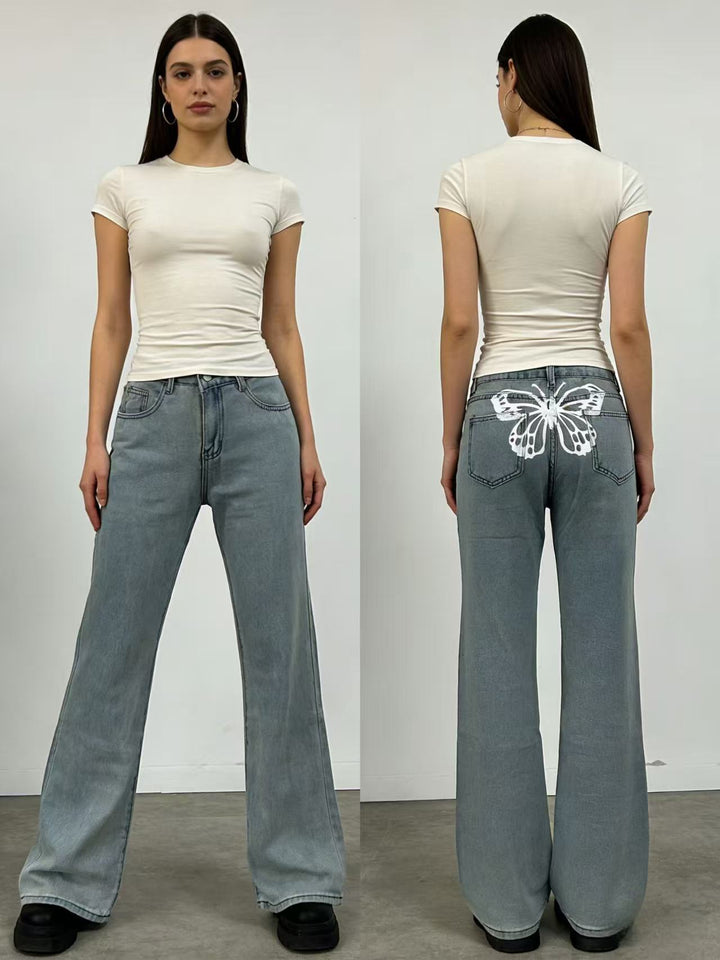 Damen Weite Jeans mit kunstvollem Schmetterlingsdesign Drune