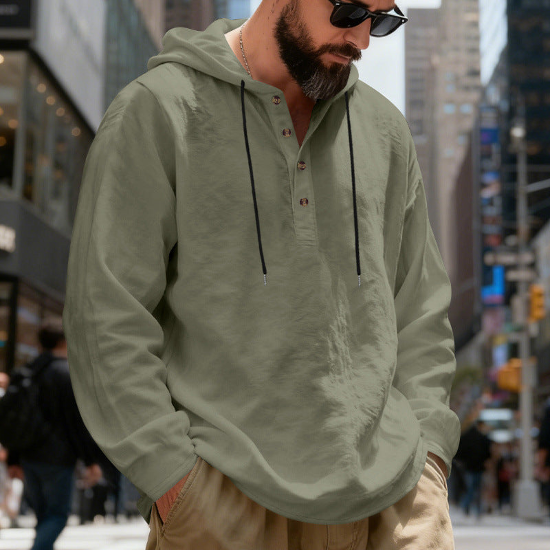 Herren nan leichter Kapuzenshirt mit Knopfleiste aus Leinenmischung und entspanntem Schnitt Drune