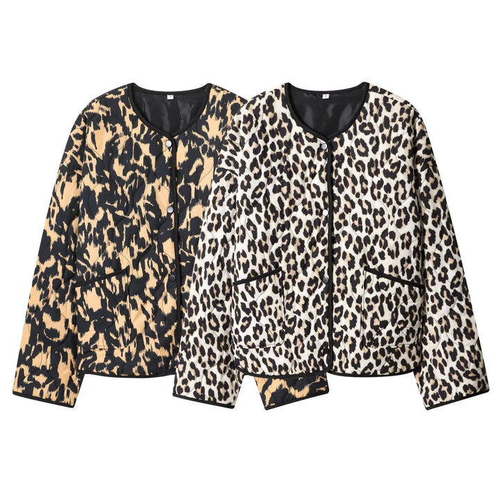 Damen nan gesteppte Kurzjacke mit animalischem Print, Rundhalsausschnitt und Druckknopfleiste Drune