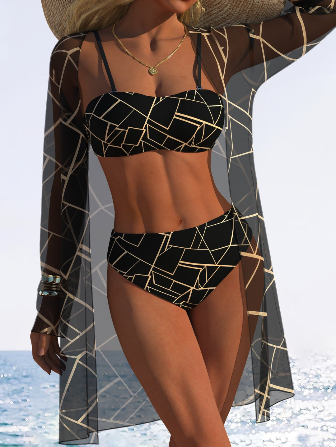 Damen Bikini-Set mit floralem Design und transparenter Strandjacke Drune