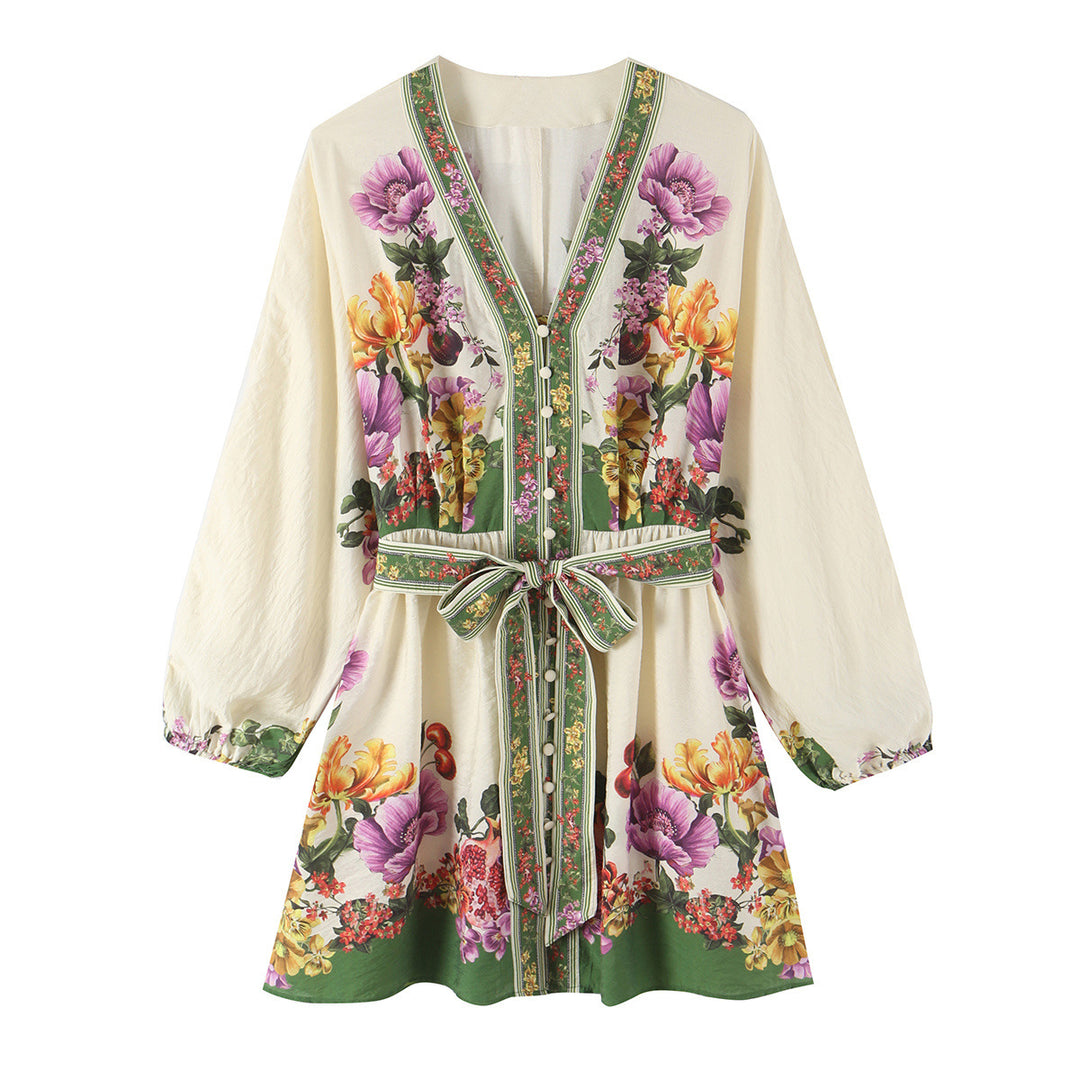 Damen Kurzkleid im Kimono-Stil mit Taillengürtel und V-Ausschnitt Drune