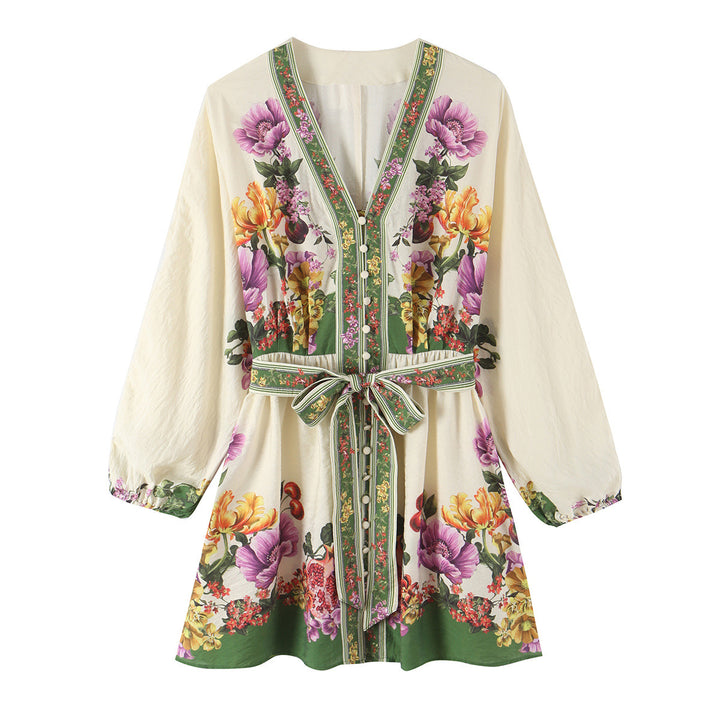 Damen Kurzkleid im Kimono-Stil mit Taillengürtel und V-Ausschnitt Drune
