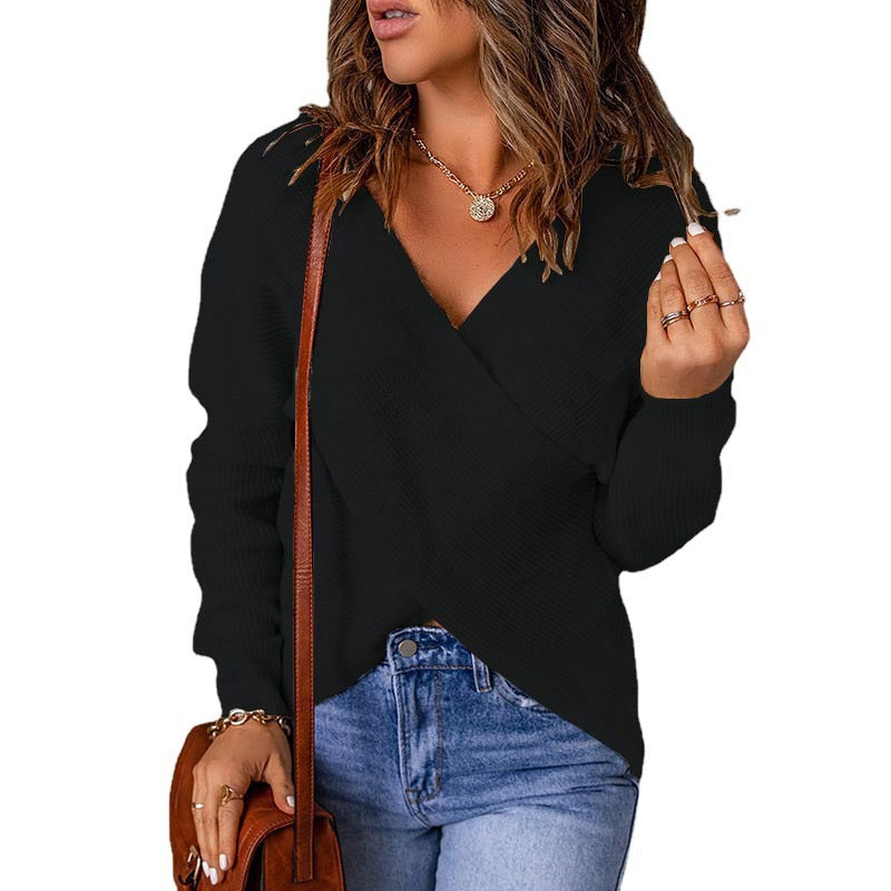 Damen lässiger Wickel-Pullover mit tiefem V-Ausschnitt und strukturiertem Gewebe Drune