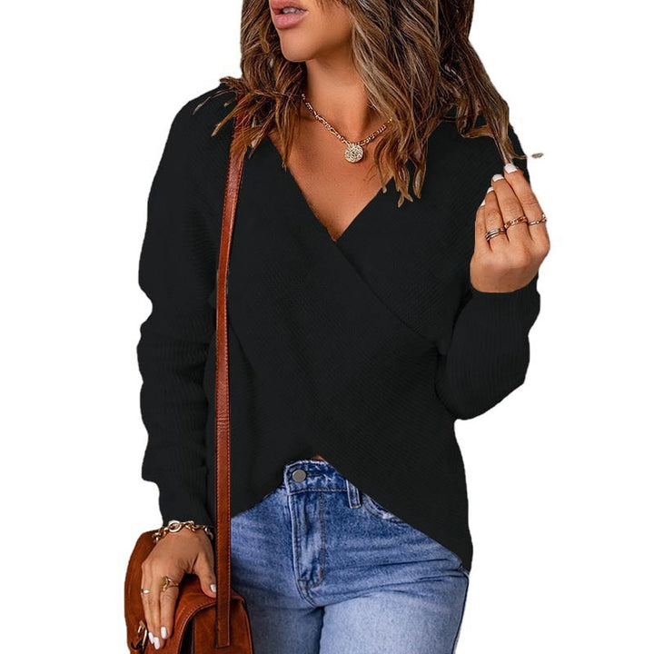 Damen lässiger Wickel-Pullover mit tiefem V-Ausschnitt und strukturiertem Gewebe Drune