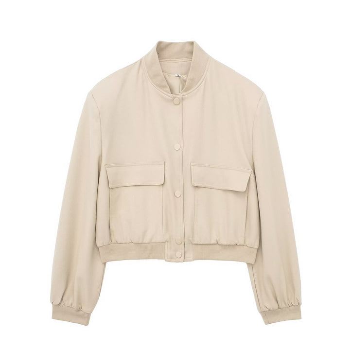 Damen Boxy-Cropped-Jacke im Worker-Look mit Pattentaschen und Rippkragen Drune