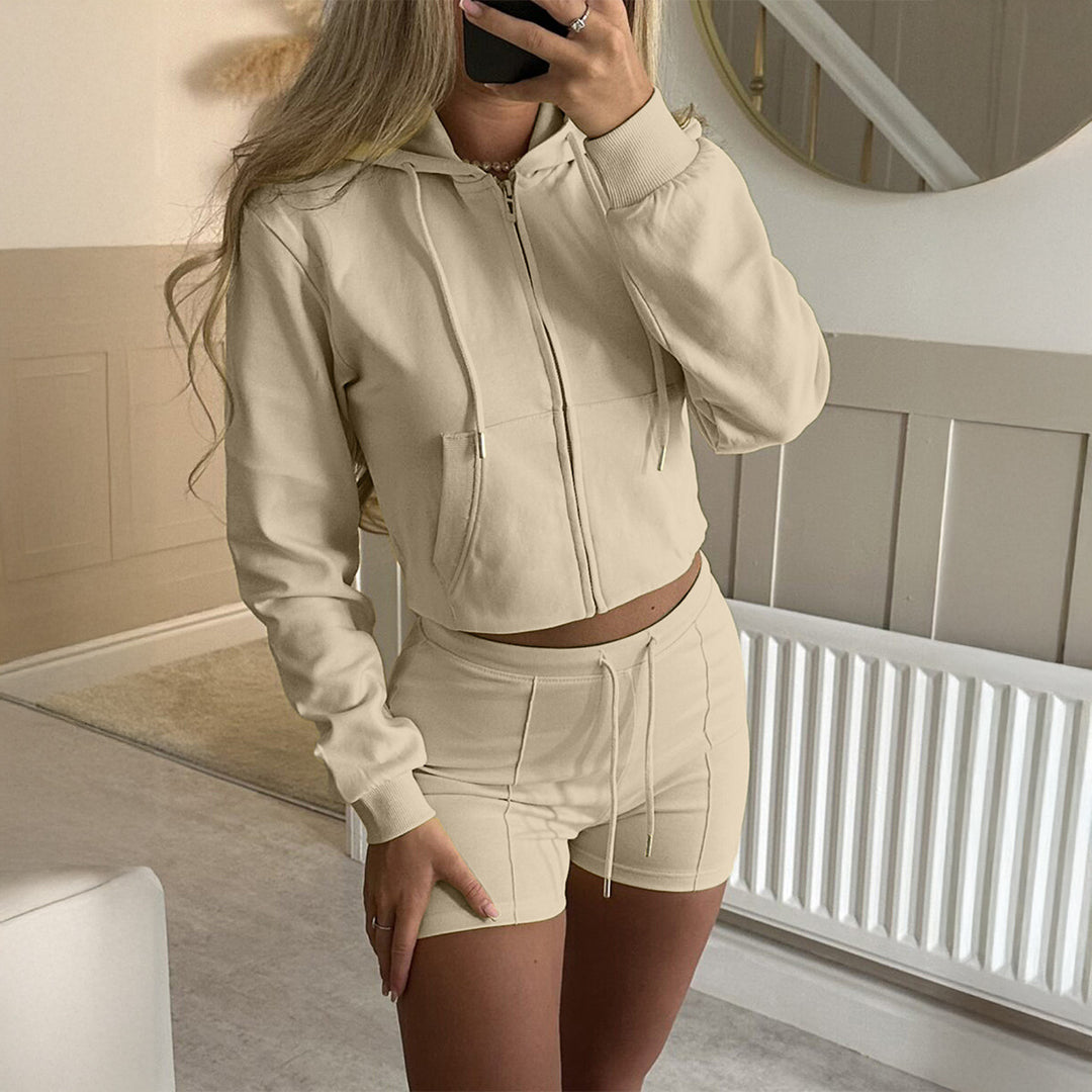 Damen nan lässiges Sweatshirt- und Short-Set mit dekorativen Schleifen-Applikationen, hohem Rundhalsausschnitt und Tunnelzugbund Drune