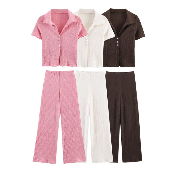 Damen Zweiteiliges Feinstrick-Set mit Kurzarm-Polokragen-Top und High‑Waist Weitbein‑Hose Drune