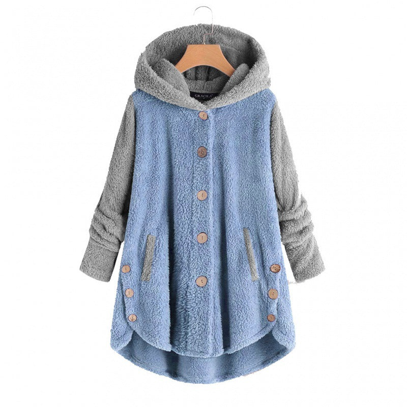 Damen Oversized Teddy-Mantel mit Kapuze, asymmetrischem Zipfelsaum und Holzknopf-Leiste Drune