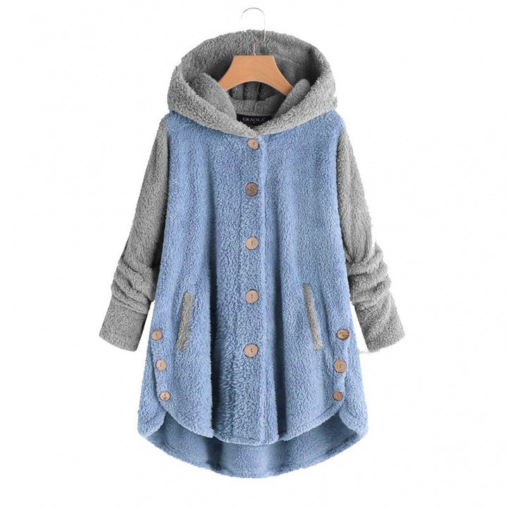 Damen Oversized Teddy-Mantel mit Kapuze, asymmetrischem Zipfelsaum und Holzknopf-Leiste Drune