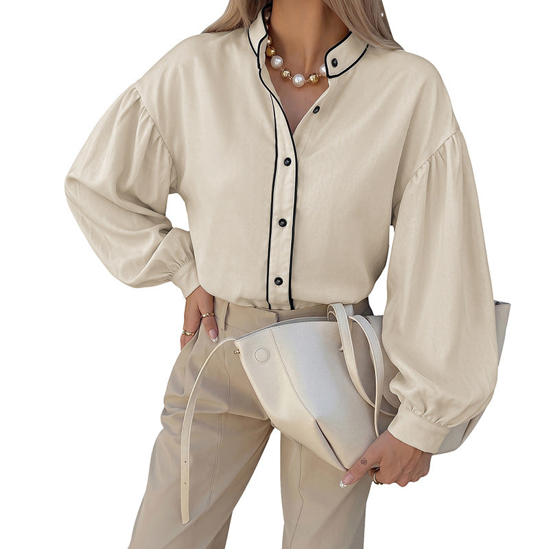 Damen Bluse mit Stehkragen, kontrastierender Paspelierung und Ballonärmeln Drune