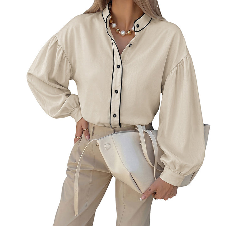 Damen Bluse mit Stehkragen, kontrastierender Paspelierung und Ballonärmeln Drune