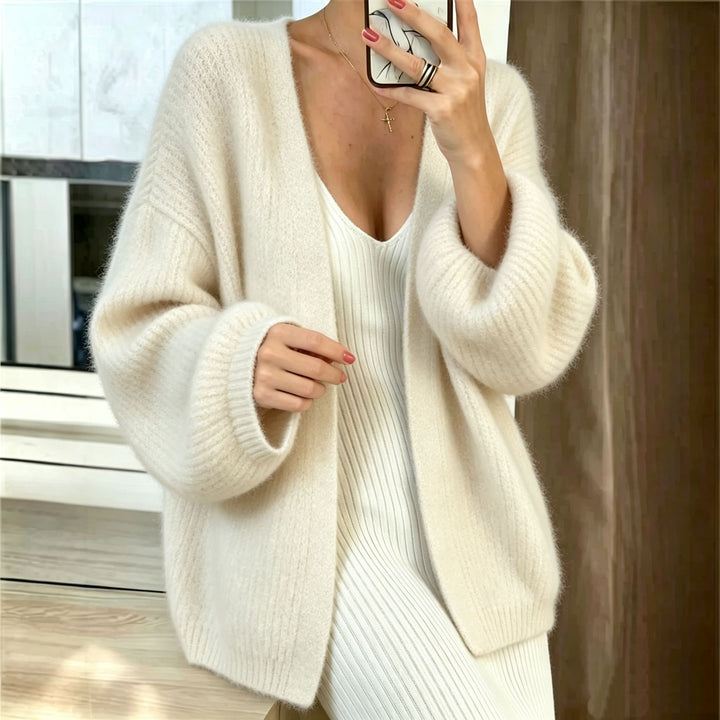 Damen Oversize-Cardigan aus grobem Rippstrick mit Ballonärmeln Drune