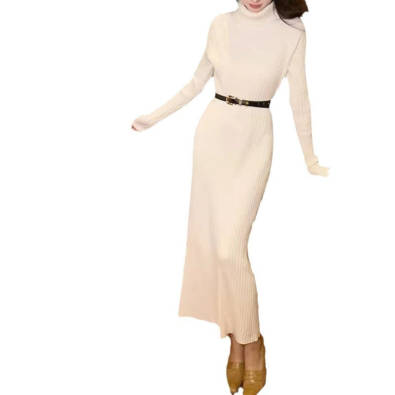 Damen elegantes Strickkleid mit hohem Rollkragen und feinem Rippenmuster Drune