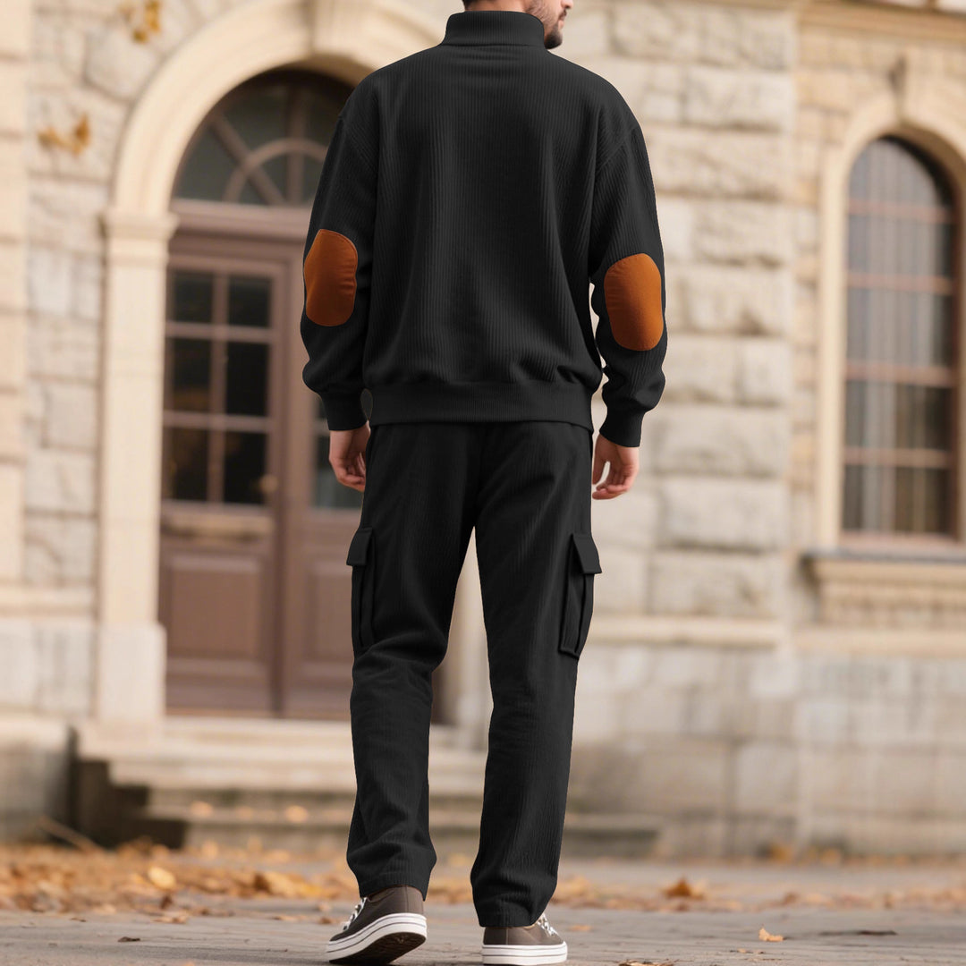 Herren nan strukturierter Troyer-Pullover mit Stehkragen Druckknopfleiste und Velours-Ellenbogenpatch Drune