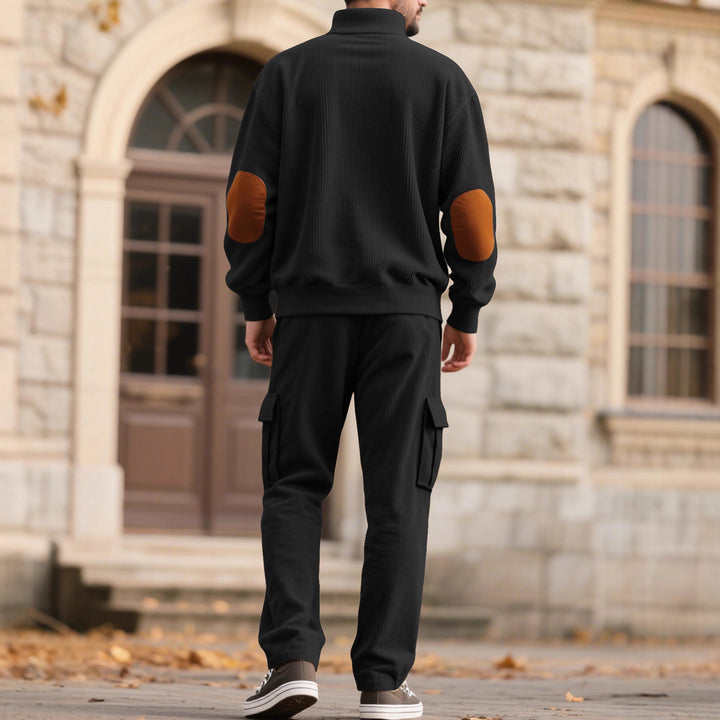 Herren nan strukturierter Troyer-Pullover mit Stehkragen Druckknopfleiste und Velours-Ellenbogenpatch Drune