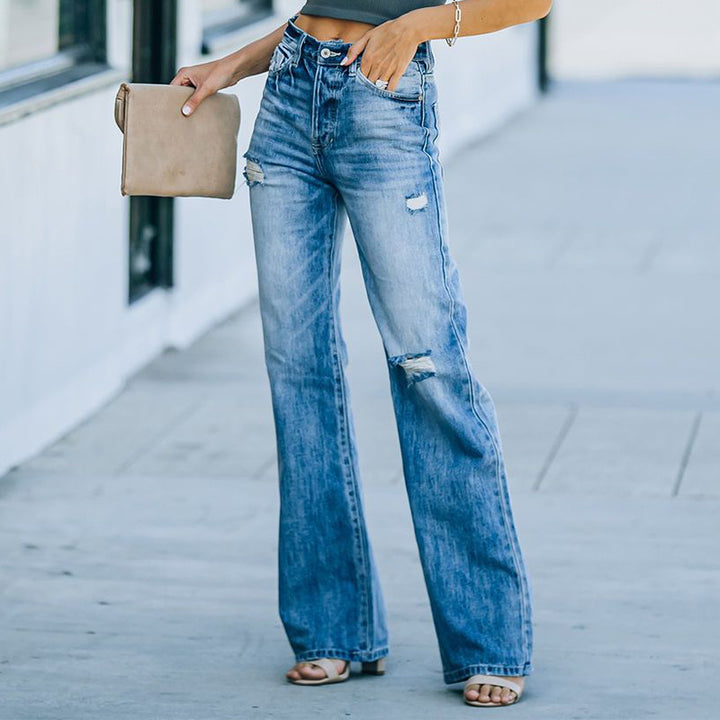 Damen lässige High-Waist Jeans mit weitem Bein Drune