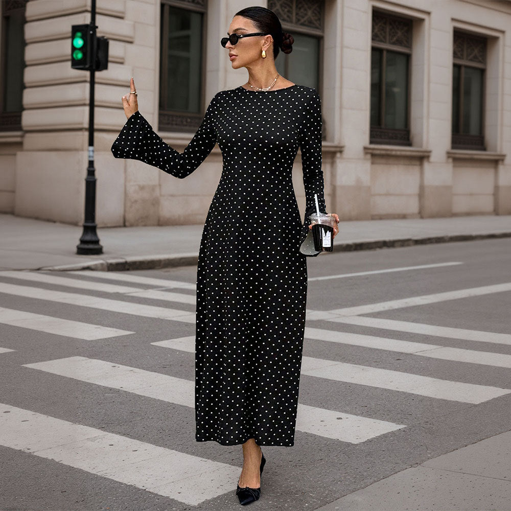 Damen elegantes Polka‑Dot Maxikleid mit tailliertem Oberteil, Trompetenärmeln und fließendem A‑Linien‑Rock Drune