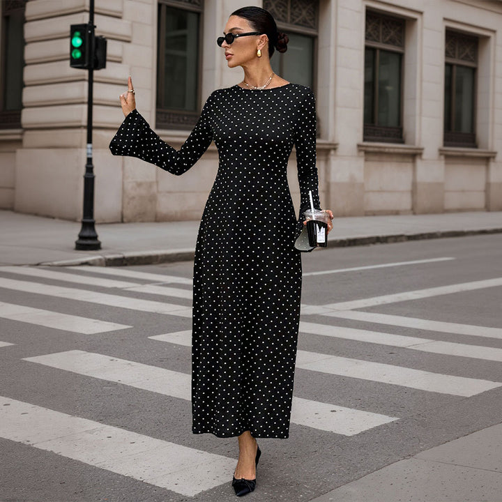 Damen elegantes Polka‑Dot Maxikleid mit tailliertem Oberteil, Trompetenärmeln und fließendem A‑Linien‑Rock Drune