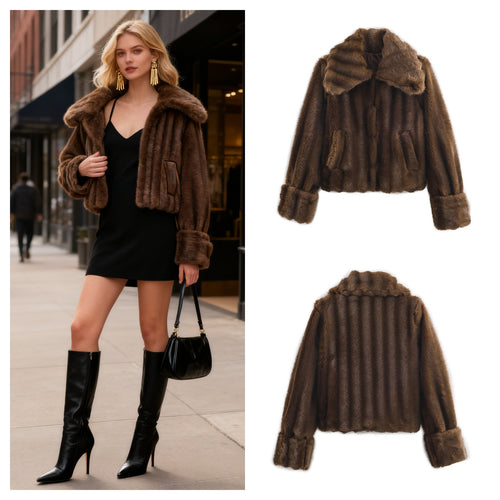 Damen Kurze Kunstfell‑Jacke mit voluminösem Schalkragen und aufgesetzten Taschen Drune