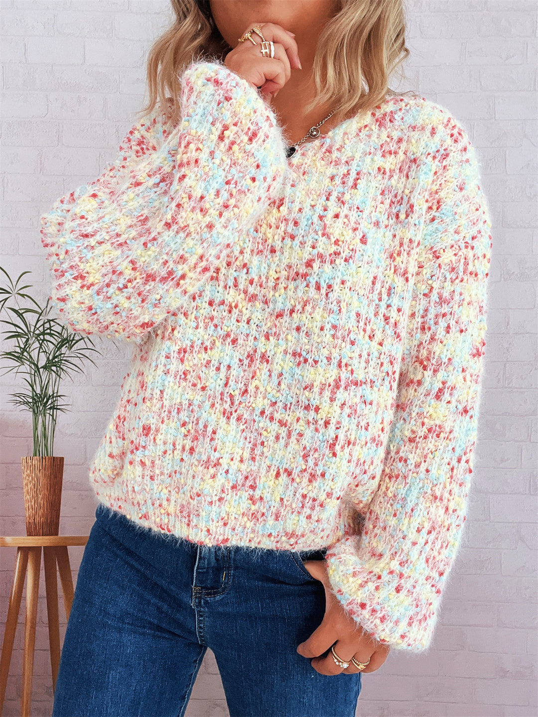 Damen komfortabler Strickpullover mit buntem Strukturmuster und weit geschnittenen Ärmeln Drune