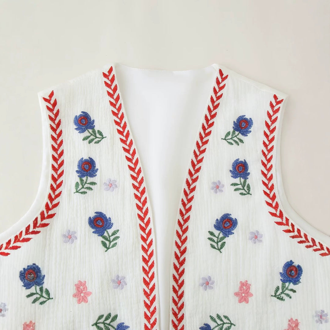 Damen Bestickte Baumwoll‑Weste im Boho‑Stil mit V‑Ausschnitt und Zierborte Drune