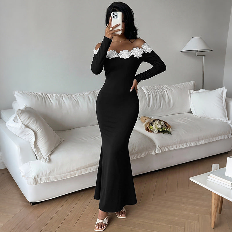 Damen Elegantes Off-Shoulder Maxikleid mit Spitzeneinsätzen Drune