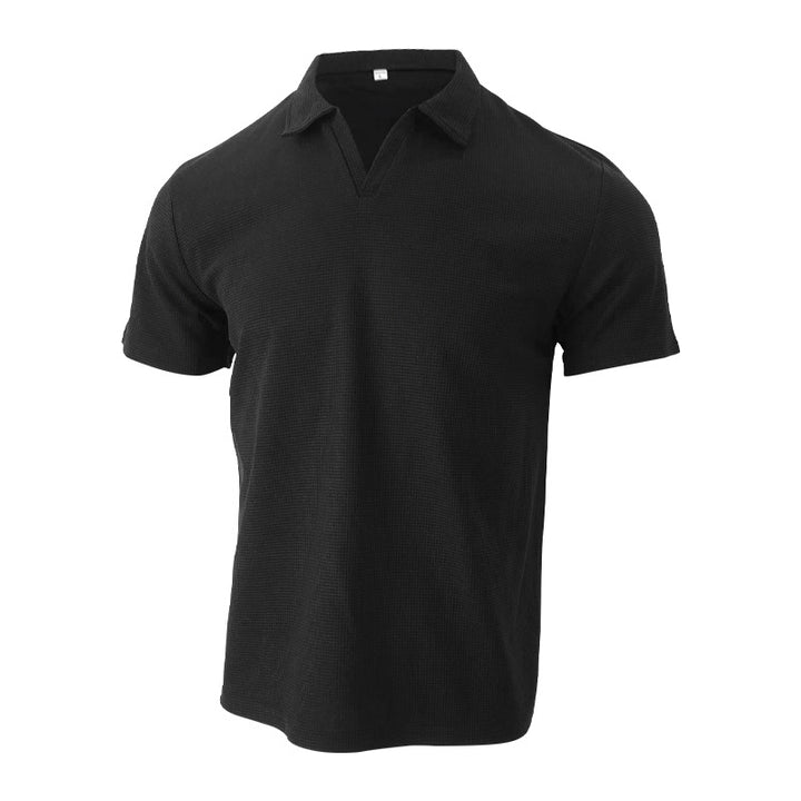 Herren nan leichtes Kurzarm-Polo aus Waffeljersey mit offenem V-Ausschnitt und Hemdkragen Drune