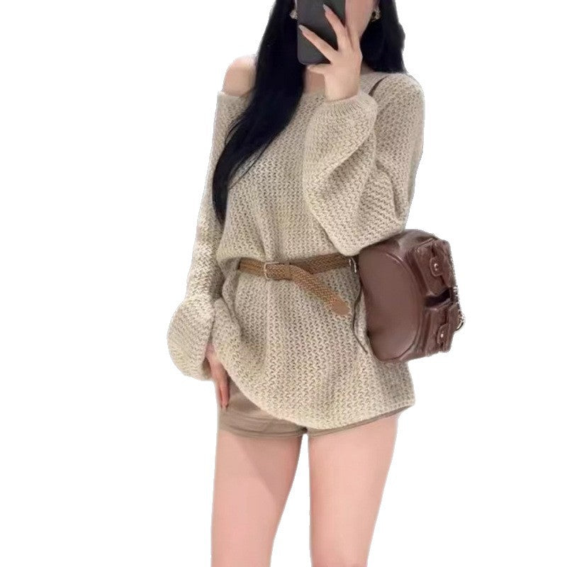Damen Strickpullover mit off-Shoulder Design und weitem Schnitt Drune