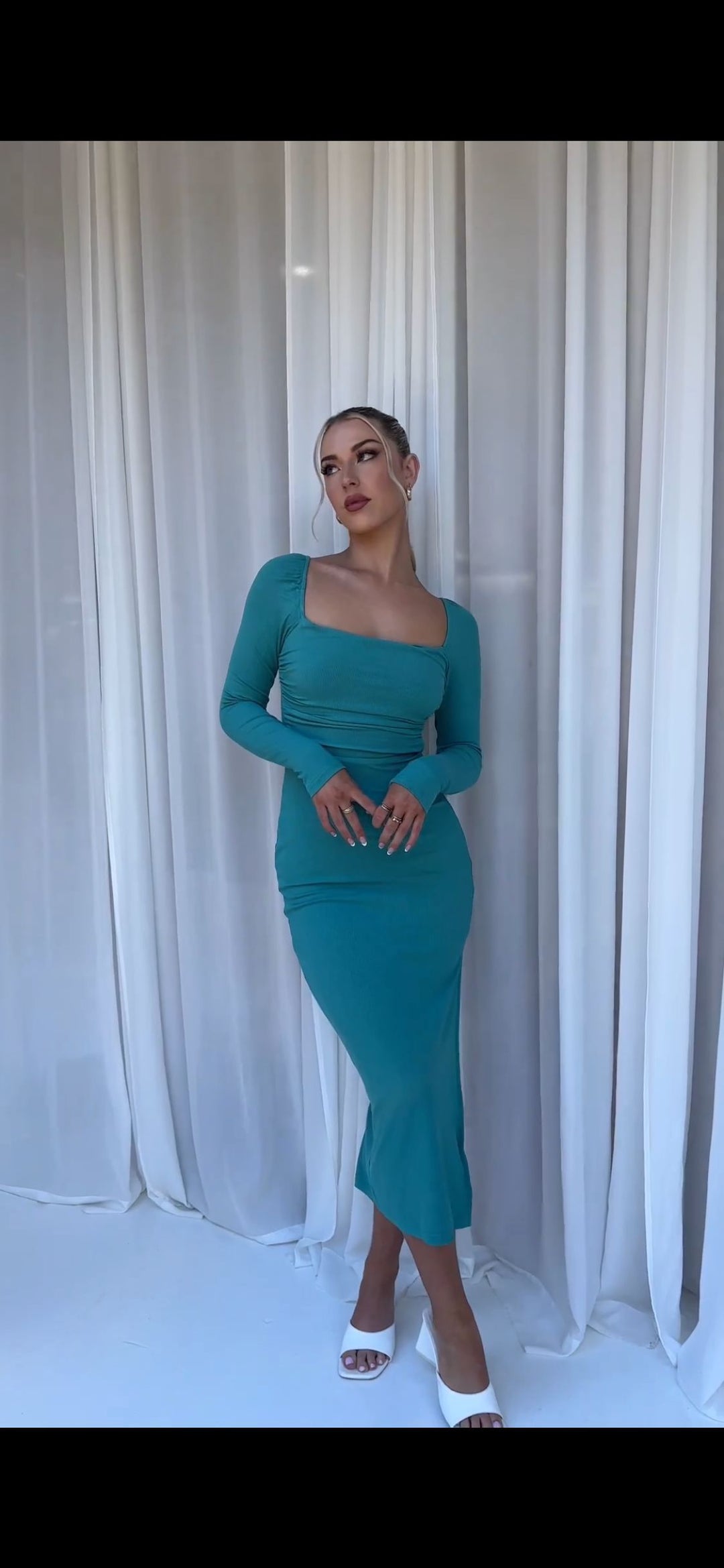 Damen Figurbetontes Maxikleid mit schmalem Schnitt und langen Ärmeln Drune