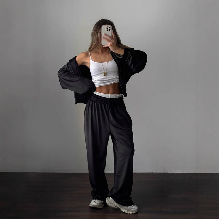 Damen Sportliches Velours-Set mit hohem Kragen und weitem Schnitt Drune