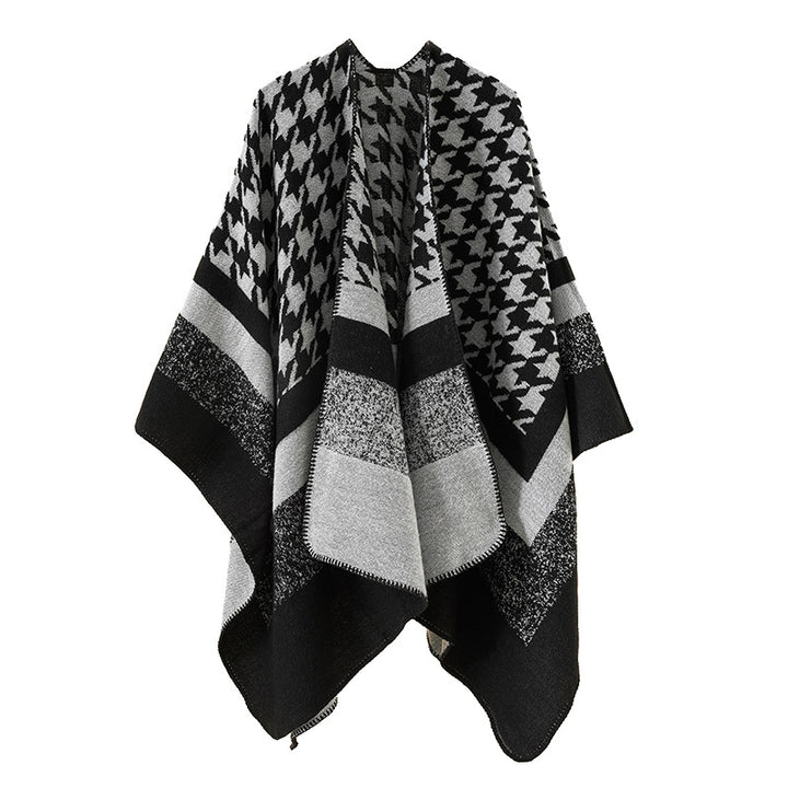Damen Oversize‑Ruana‑Poncho aus Wollmix mit Hahnentritt- und Blockjacquard Drune