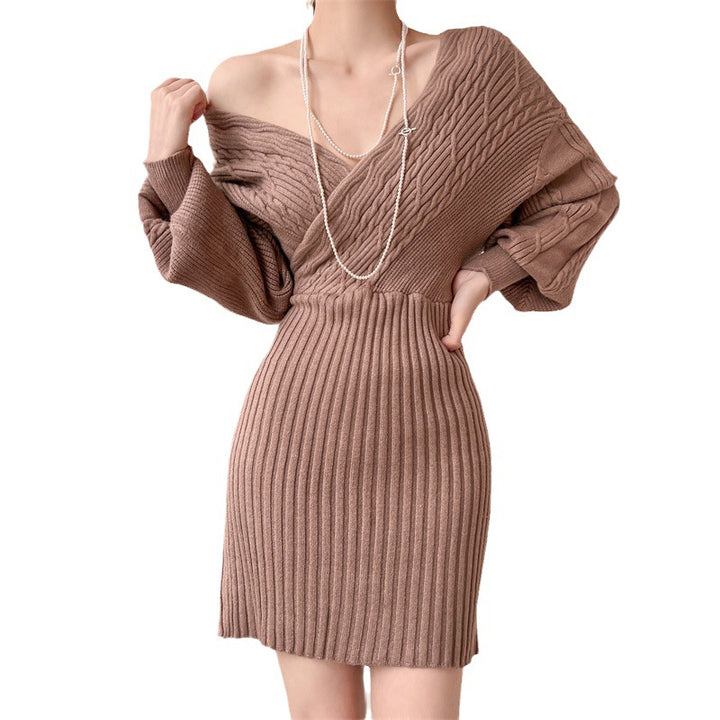 Damen Strickkleid mit v-förmigem Ausschnitt und Rippstruktur Drune