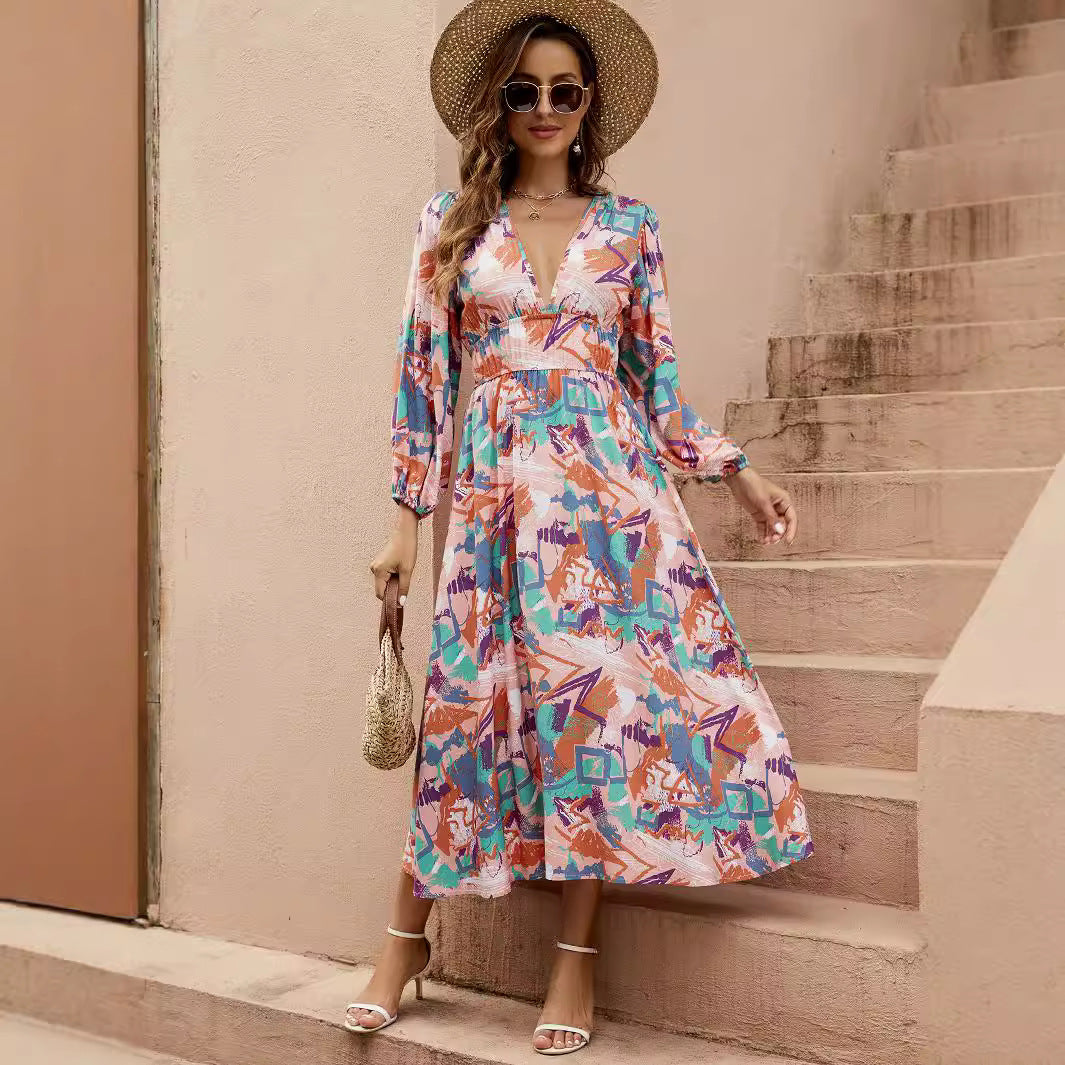 Damen Maxi-Kleid mit tiefem V-Ausschnitt und eleganten langen Ärmeln Drune