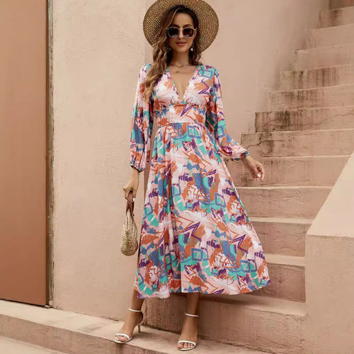 Damen Maxi-Kleid mit tiefem V-Ausschnitt und eleganten langen Ärmeln Drune