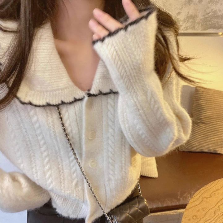 Damen Zopfmuster-Strickcardigan mit großem Matrosenkragen und kontrastkante Drune
