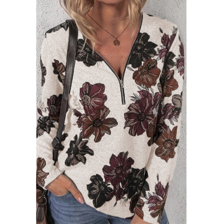 Damen lockeres V-Ausschnitt Longsleeve-Shirt mit kurzem Reißverschluss und floralem Allover-Druck Drune