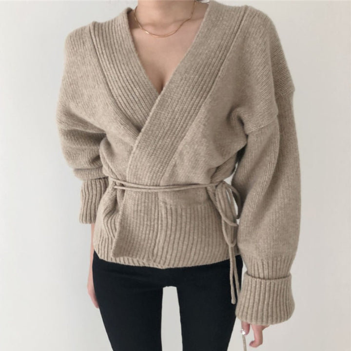 Damen Wickelstrickjacke mit binde Gürtel und hochgezogenem Kragen Drune