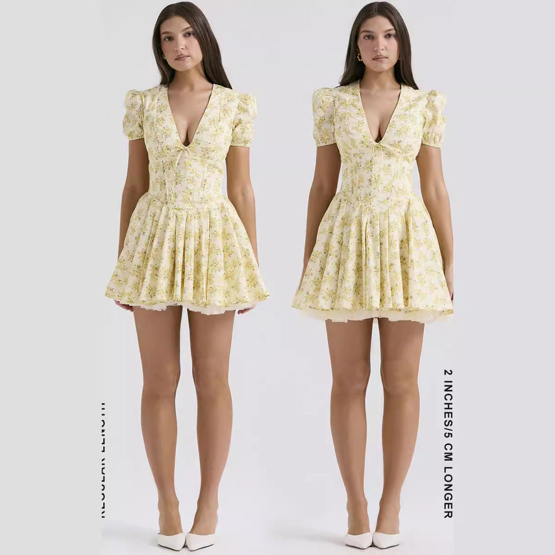 Damen Verspielt geschnittenes Minikleid mit blumigen Akzenten und Puffärmeln Drune