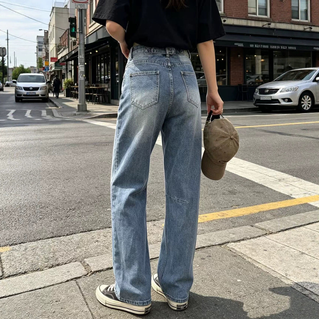 Damen nan hochgeschnittene weite Jeans mit geradem Bein, Knieabnähern und klassischem Five‑Pocket‑Schnitt Drune
