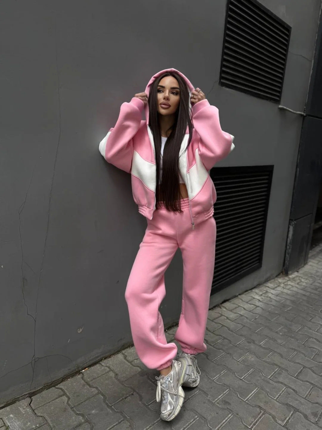 Damen Athleisure-Zweiteiler aus schwerem Neopren-Fleece mit geometrischen Teilungsnähten und hoher Taille Drune