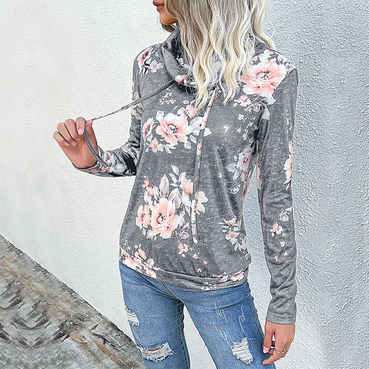 Damen Floraler Leichter Kapuzenpullover mit Wasserfallkragen und Tunnelzug Drune