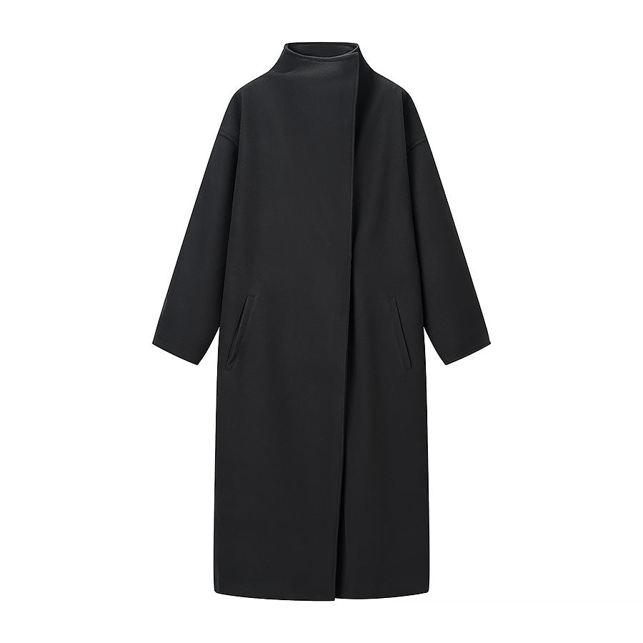 Damen Mantel im minimalistischen Midi‑Schnitt mit Stehkragen und verdeckter Knopfleiste Drune
