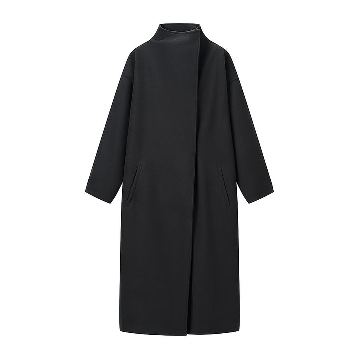 Damen Mantel im minimalistischen Midi‑Schnitt mit Stehkragen und verdeckter Knopfleiste Drune