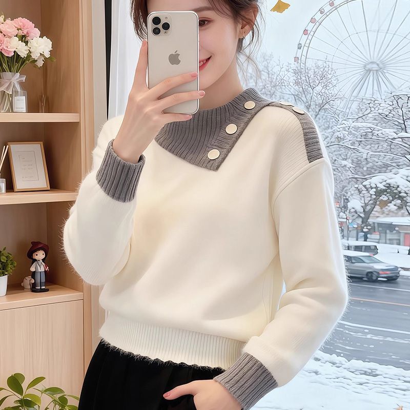 Damen Modischer Piqué Pullover mit Knopfdetails Drune