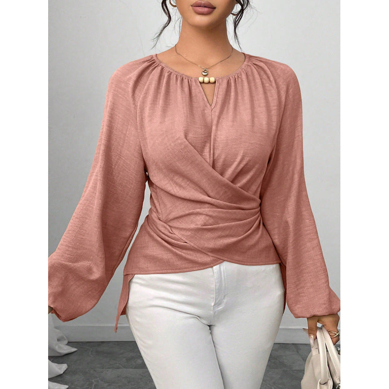 Damen Taillierte Wickelbluse mit Perlendetail und Ballonärmeln Drune
