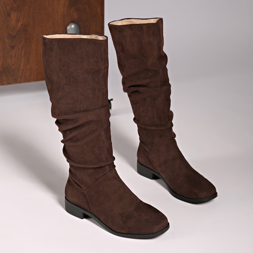 Damen kniehohe Schaftstiefel im Slouch-Look aus Veloursimitat mit rutschfester Gummisohle Drune