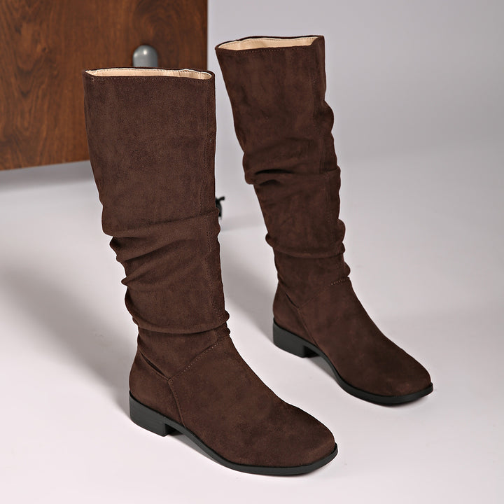 Damen kniehohe Schaftstiefel im Slouch-Look aus Veloursimitat mit rutschfester Gummisohle Drune